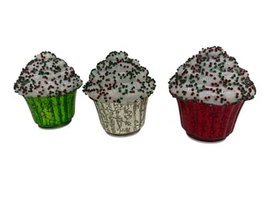 SET OF 3 HOLIDAY CUPCAKE MERCURY GLASS ORNAMENTS