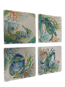 SET OF 4 COASTAL WATERCOLOR CERAMIC TILES