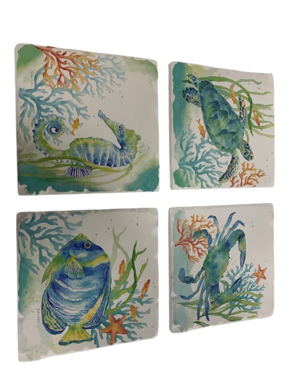 SET OF 4 COASTAL WATERCOLOR CERAMIC TILES (1 of 4)