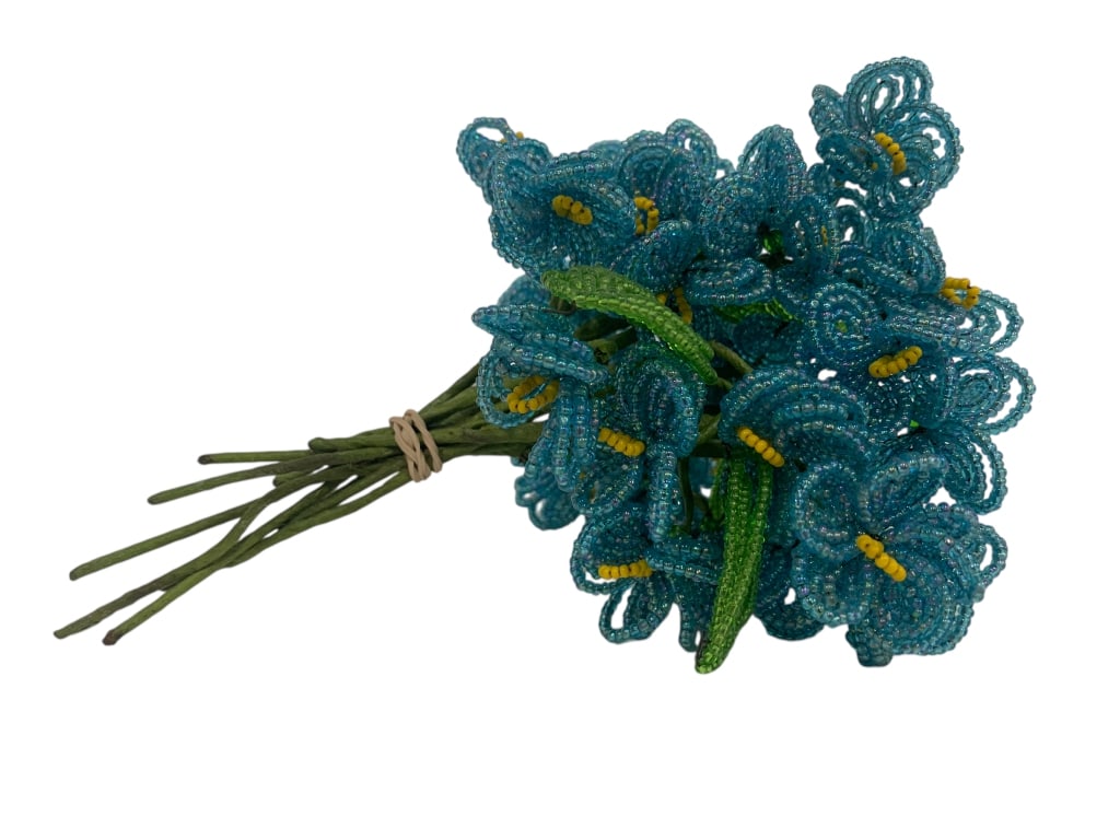 HANDCRAFTED BEADED FLORAL BOUQUET: HANDCRAFTED BEADED FLORAL BOUQUET -Beautiful handcrafted bouquet of delicate blue glass-beaded flowers with yellow and green accents. Each petal and leaf is meticulously wired, creating a shimmering v