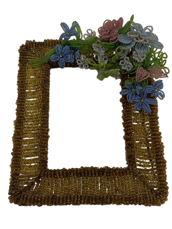 HANDCRAFTED BEADED FLORAL PICTURE FRAME: HANDCRAFTED BEADED FLORAL PICTURE FRAME -Charming vintage beaded picture frame embellished with brown glass beads and a corner bouquet of beaded flowers in lavender, blue, and green hues. A true examp