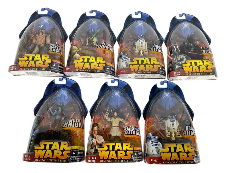 7 STAR WARS “REVENGE OF THE SITH?? ACTION FIGURES: SET OF 7 STAR WARS “REVENGE OF THE SITH” ACTION FIGURES – 2005 HASBRO SEALED COLLECTION -Epic Star Wars: Revenge of the Sith collector’s lot featuring seven sealed Hasbro action figures fr