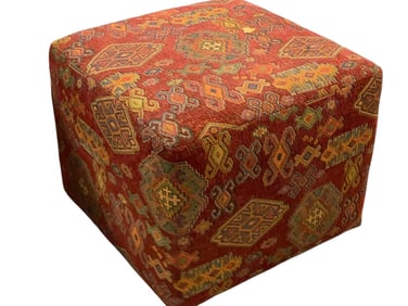 TRIBAL CHIC KILIM PATTERN UPHOLSTERED CUBE OTTOMAN