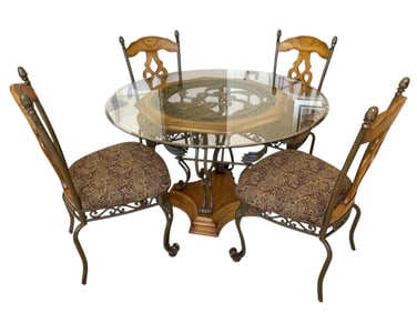 WROUGHT IRON & CARVED WOOD DINING TABLE & 4 CHAIRS