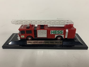 1999 HESS MINIATURE FIRE TRUCK ON DISPLAY STAND