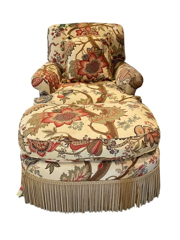 VINTAGE OVERSTUFFED ARMCHAIR & FRINGED OTTOMAN (1 of 7)