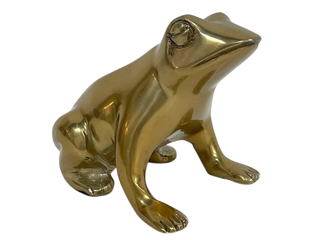 POLISHED BRASS FROG FIGURINE 4.5": POLISHED BRASS FROG FIGURINE 4.5" -Very good pre owned condition -Approx 4.5"l x 3"w x 4"h -Brass frog figurine with a smooth, polished finish that captures light beautifully. This elegant yet playful