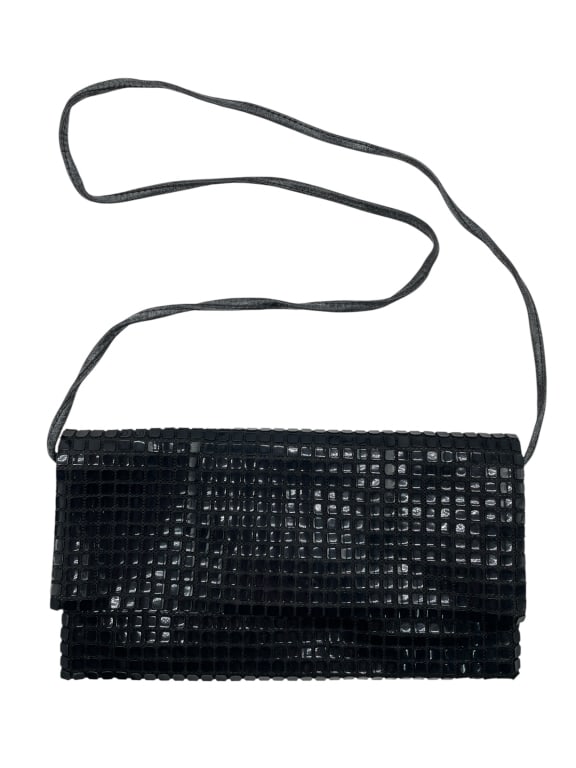 VINTAGE BLACK EVENING BAG WITH LONG STRAP: VINTAGE BLACK EVENING BAG WITH LONG STRAP -Good pre owned condition, wear on strap -Approx 10"l x 5"h -Stylish vintage black evening bag featuring a glossy tiled design and a sleek, minimalist envelop