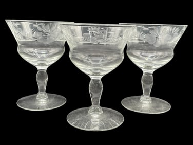 SET OF THREE ETCHED CRYSTAL COUPE GLASSES 4.5"