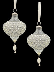 PAIR OF SILVER EMBOSSED GLASS HANGING ORNAMENTS 6"