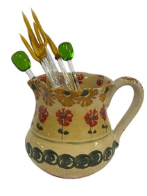 POTTERY CREAMER W VINTAGE GLASS COCKTAIL PICKS 3"