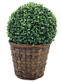 ARTIFICIAL BOXWOOD TOPIARY IN WOVEN BASKET 13"