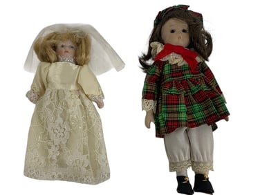 PAIR OF SMALL VINTAGE DOLLS – BRIDE AND PLAID GIRL