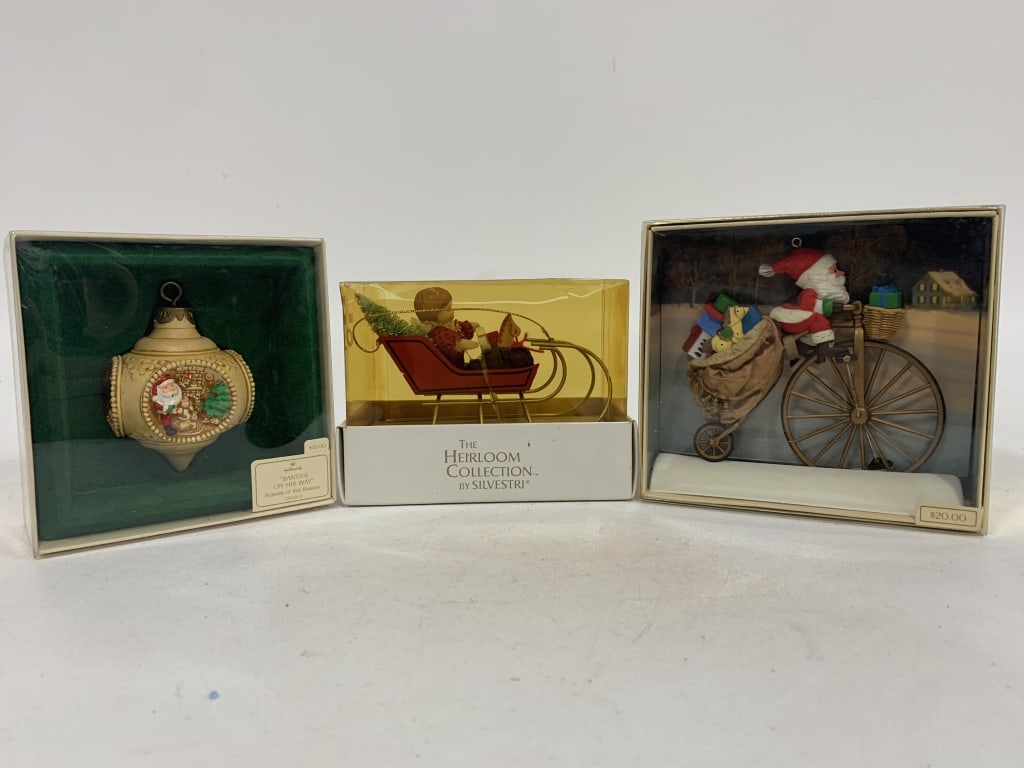 LOT OF 3 CHRISTMAS ORNAMENTS DRADLE SLED BICYCLE: LOT OF 3 CHRISTMAS ORNAMENTS DRADLE SLED BICYCLE - vintage collectible or giftable christmas ornaments - new in box never opened - vintage new msn By bidding on this listing, you understand and agree