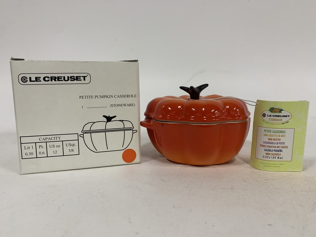 NEW CREUSET PUMPKIN CASSEROLE 12 OZ STONEWARE: - holiday pumpkin shaped - stoneware casserole - 12 oz capacity - new in box and never used By bidding on this listing, you understand and agree to be bound by the terms and conditions of DejaVu Aucti