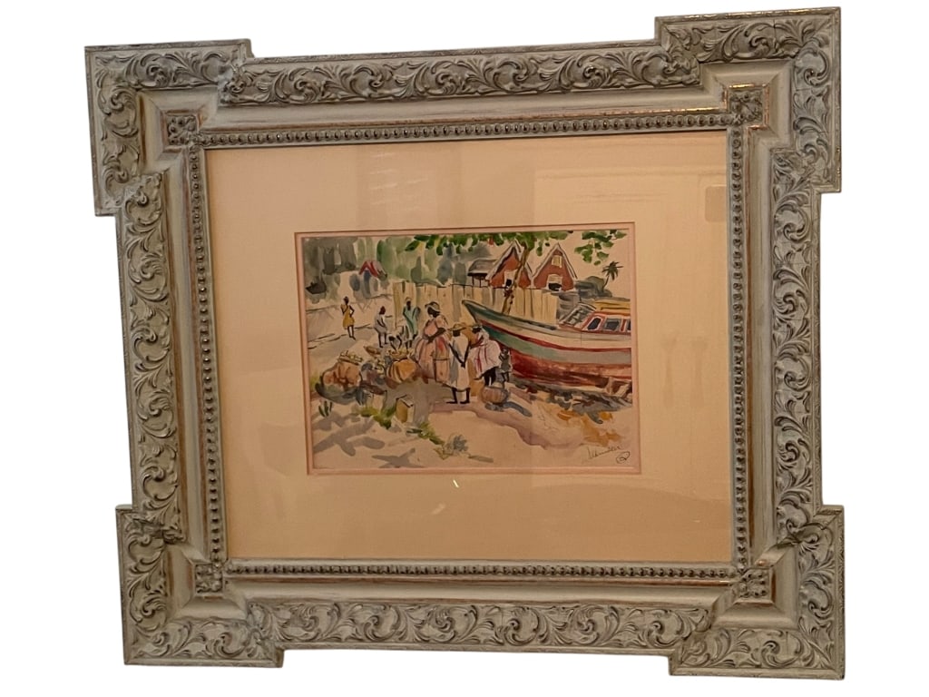 MARKET SCENE W BOAT WATERCCOLOR PAINTING 30": FRAMED WATERCOLOR PAINTING SIGNED WILKINSON – MARKET SCENE WITH BOAT - A charming watercolor painting signed "Wilkinson," depicting a lively market scene with figures gathered near baskets of goods 