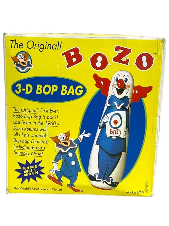 THE ORIGINAL BOZO 3-D BOP BAG RETRO TOY: THE ORIGINAL BOZO 3-D BOP BAG BY ROCKET USA, FEATURING THE WORLD'S MOST FAMOUS CLOWN, RETURNS WITH ALL THE CLASSIC DETAILS THAT MADE IT A 1960S FAVORITE. THIS 46" TALL INFLATABLE TOY INCLUDES A SQUEAK