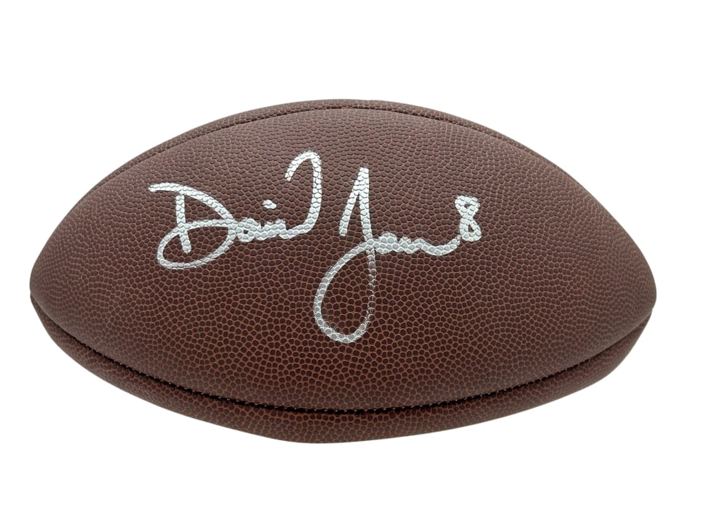 DANIEL JONES AUTOGRAPHED NFL FOOTBALL: DANIEL JONES AUTOGRAPHED NFL FOOTBALL FEATURING A BOLD SILVER SIGNATURE AND HIS JERSEY NUMBER (#8). VERY GOOD PREOWNED CONDITION MEASURES APPROX 6" X 11.5" MAS72825 By bidding on this item, you have r