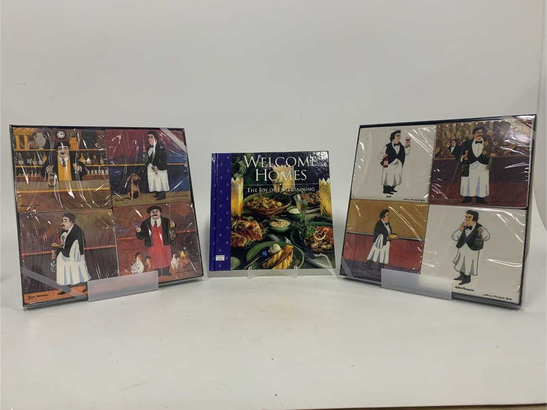 JOY OF ENTERTAINING BOOK W/ 8 WINE TRIVETS LOT: - both book and 8 new unwrapped wine trivets with retro wine decor - new and book is in great condition By bidding on this listing, you understand and agree to be bound by the terms and conditions of