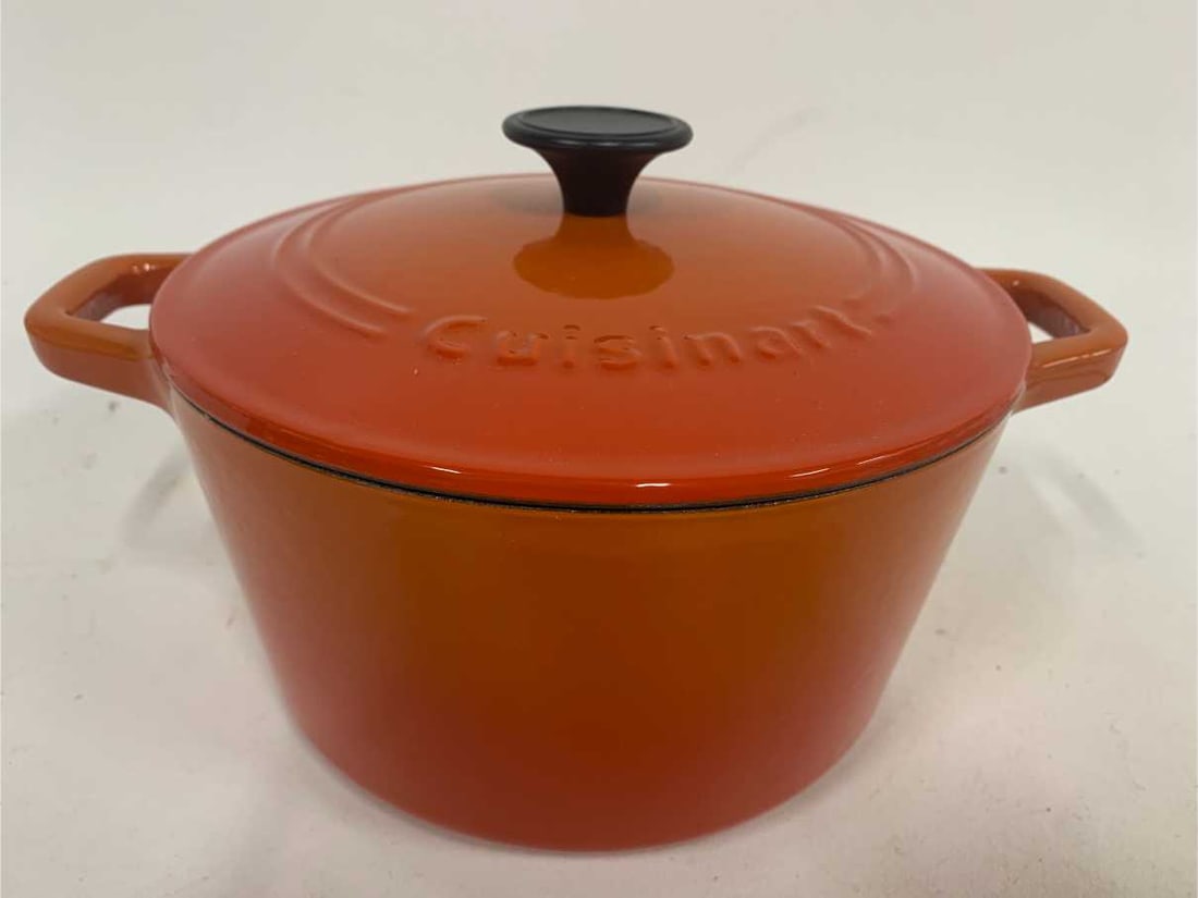 NEW CUISINART ORANGE ENAMELED OVEN FIRE POT: - new condition - 8" wide for the actual pot - 5" high - lid included By bidding on this listing, you understand and agree to be bound by the terms and conditions of DejaVu Auctions. * For local pick 
