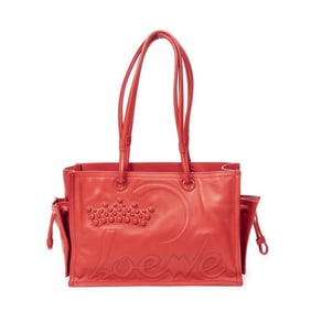LOEWE STUDDED CROWN SHOPPER TOTE RED CALFSKIN LEAT