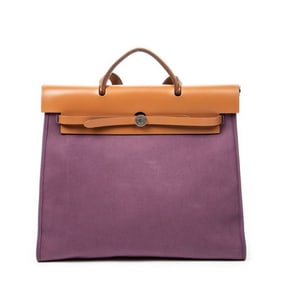 HERMÈS HERBAG ZIP MM PURPLE/TAN TOILE OFFICIER CAN