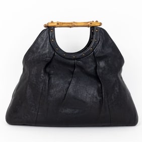 GUCCI VINTAGE BAMBOO BAR TOTE  BLACK CALFSKIN GRAI