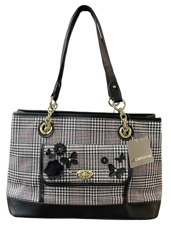 NEW LIZ CLAIBORNE HOUNDSTOOTH FLORAL APPLIQUÉ TOTE: LIZ CLAIBORNE HOUNDSTOOTH FLORAL APPLIQUÉ TOTE – NEW WITH TAGS -New with tags -Approx 14"l x 4.5"w x 9"h -Elegant Liz Claiborne handbag featuring a classic black-and-white houndstooth pattern with 