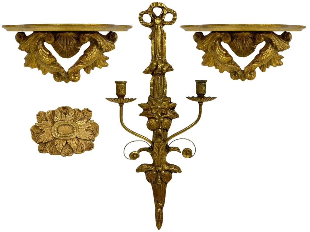 GILTWOOD WALL SCONCE, SHLVES, EMBELLISHMENT: GILTWOOD WALL SCONCE WITH MATCHING SHELVES AND EMBELLISHMENT -This ornate giltwood wall sconce features a beautifully carved floral and ribbon motif with dual candle holders, accompanied by two matchi