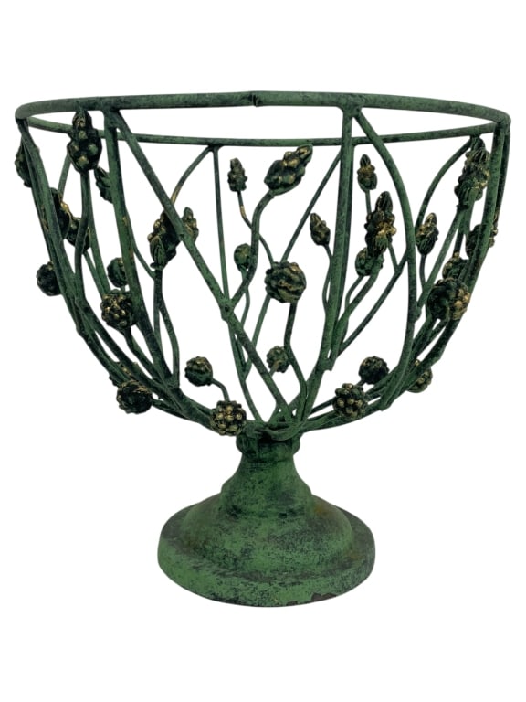 GREEN METAL PEDESTAL BASKET W FLORAL DESIGN 9" (1 of 5)