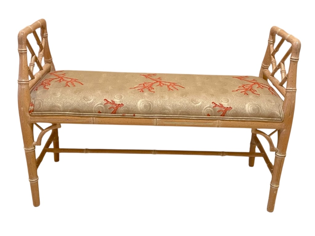 HOLLYWOOD REGENCY FAUX BAMBOO BENCH W CORAL (1 of 7)