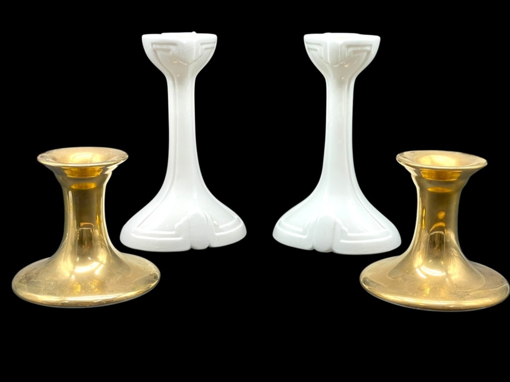 2 SETS OF FITZ & FLOYD PORCELAIN CANDLESTICKS: 2 SETS OF FITZ & FLOYD PORCELAIN CANDLESTICKS -This lot features two pairs of Fitz & Floyd porcelain candlesticks, including a tall sculptural Art Deco-inspired pair measuring approximately 8.25" high