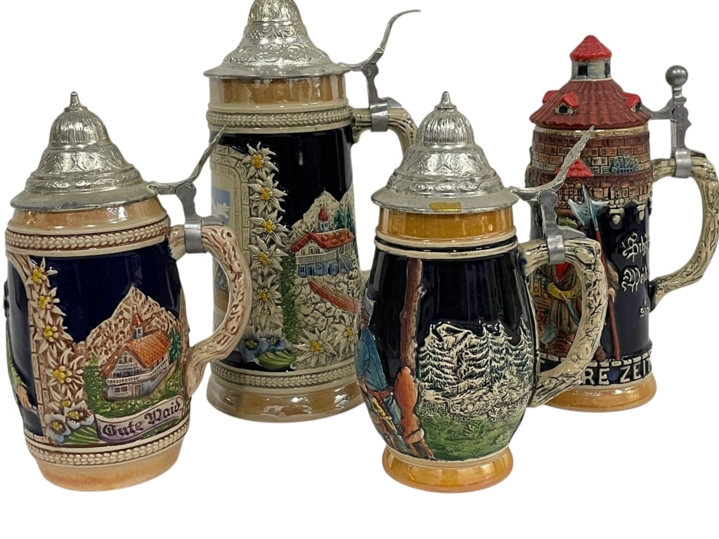 SET OF 4 VINTAGE GERMAN BEER STEINS W PEWTER LIDS (1 of 7)