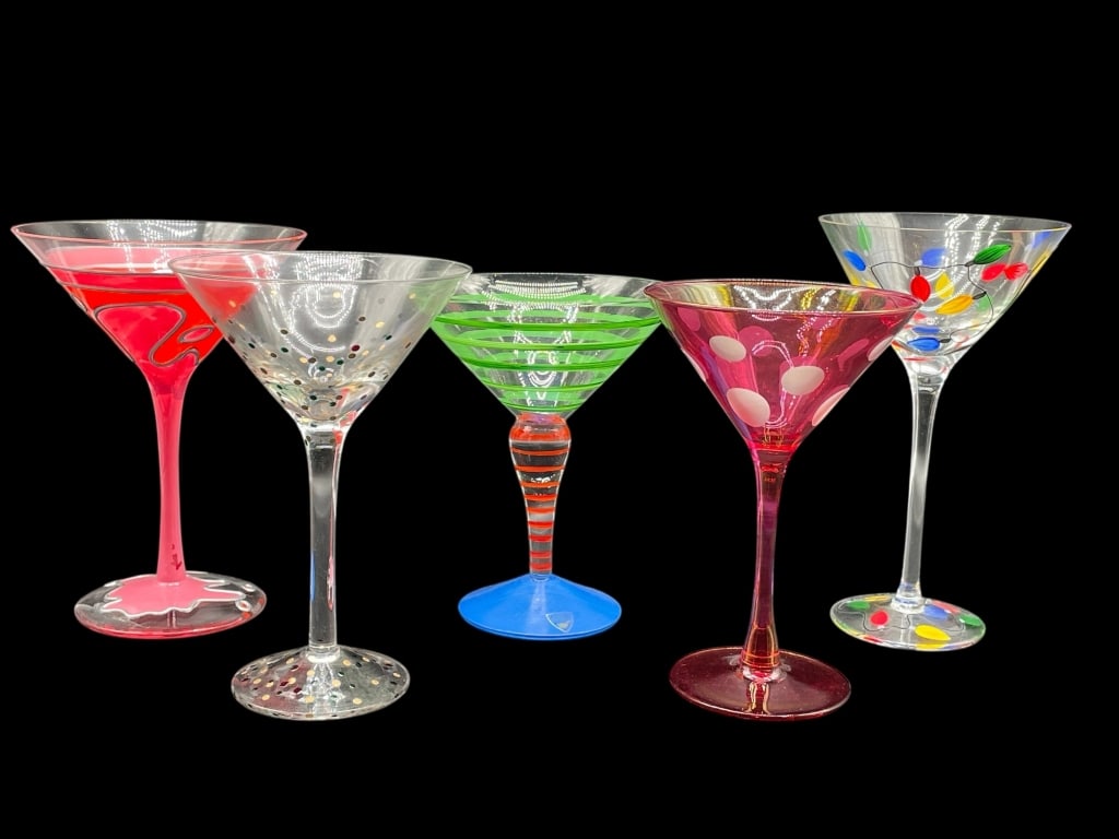 5 ASSORTED COLORFUL MARTINI GLASSES: 5 ASSORTED COLORFUL MARTINI GLASSES -Very good pre owned condition -Set of 5 glasses -This eclectic grouping includes bold pink swirls, multicolor confetti dots, green and orange stripes, bright polka