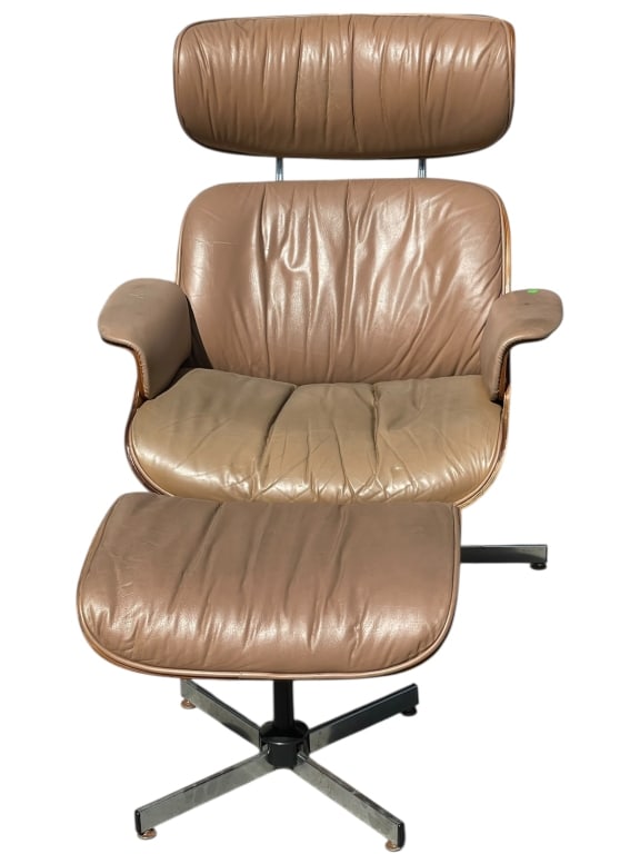 PLYCRAFT EAMES STYLE LOUNGE CHAIR AND OTTOMAN: PLYCRAFT EAMES STYLE LOUNGE CHAIR AND OTTOMAN -Beautiful Plycraft Eames-style lounge chair and ottoman featuring signature molded wood shells, swivel base, and original tan leather upholstery showing