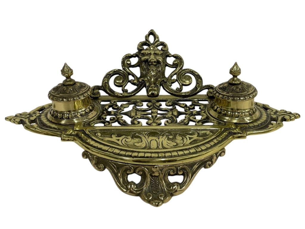 ORNATE BRASS DOUBLE INKWELL 13" (1 of 8)