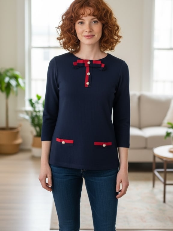 CAROLINA HERRERA NAVY TOP W RIBBON & PEARL SZ M (1 of 5)