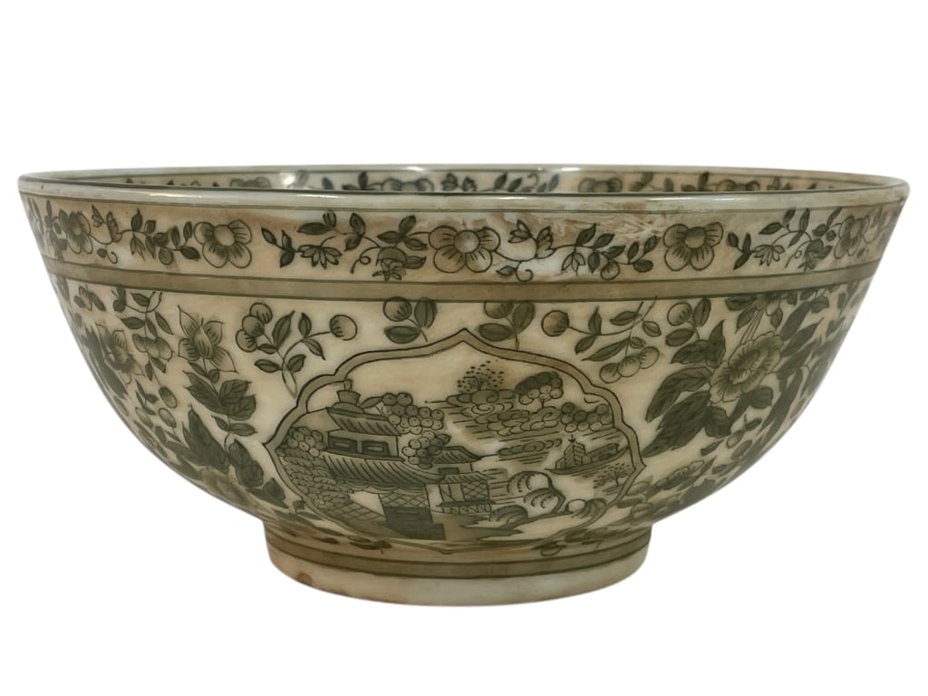 ASIAN PORCELAIN BOWL W FLORAL/LANDSCAPE SCENES 8": ASIAN PORCELAIN BOWL WITH FLORAL & LANDSCAPE SCENES -Very good pre owned condition -Approx 3.5"h x 8"w -Asian porcelain bowl features an elegant neutral-toned palette with finely detailed floral motif