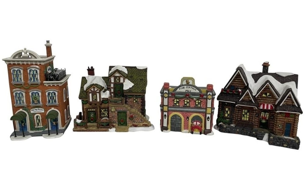 4 HOLIDAY VILLAGE HOUSES INCLUDING DEPARTMENT 56: 4 HOLIDAY VILLAGE HOUSES INCLUDING DEPARTMENT 56 CHARMING COLLECTION OF FOUR HAND-PAINTED CERAMIC HOLIDAY VILLAGE BUILDINGS INCLUDING: DEPARTMENT 56 "IVY TERRACE APARTMENTS" FROM THE CHRISTMAS IN THE