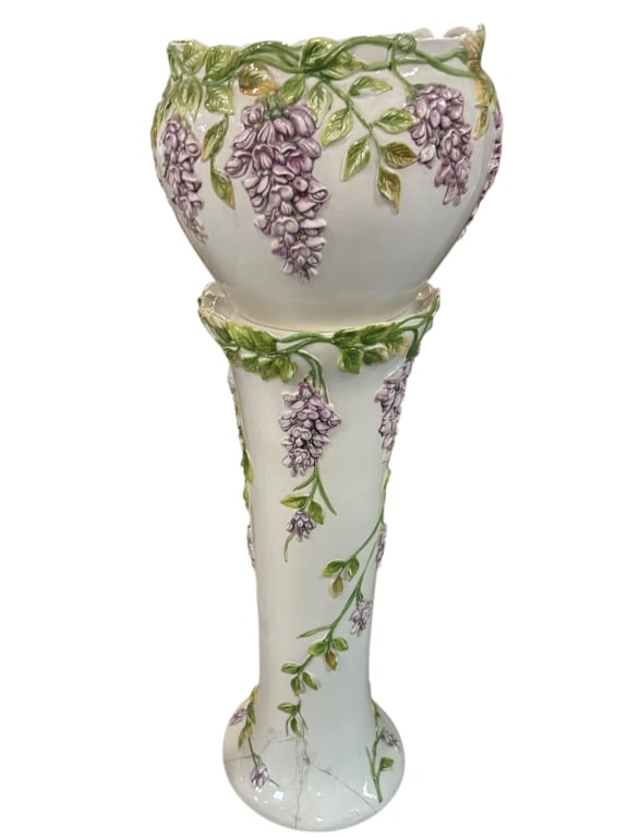 HAND-PAINTED MAJOLICA-STYLE WISTERIA JARDINIERE: HAND-PAINTED MAJOLICA-STYLE WISTERIA JARDINIERE & PEDESTAL-This beautiful two-piece jardiniere and pedestal features raised, hand-painted wisteria blossoms in soft lavender and green against a creamy 