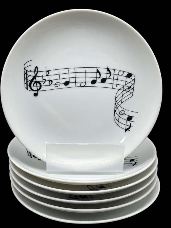 6 SHALEB MUSIC NOTE SALAD / DESSERT PLATES 7.5": SET OF 6 ENTERTAINING BY SHALEB MUSIC NOTE SALAD PLATES 1982 -This stylish set of six porcelain salad plates from the 1982 “Entertaining by Shaleb” line features a flowing black musical staff