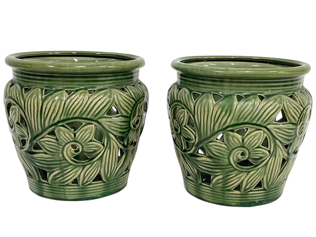 PAIR OF GREEN CERAMIC OPENWORK FLORAL PLANTERS 8" (1 of 7)