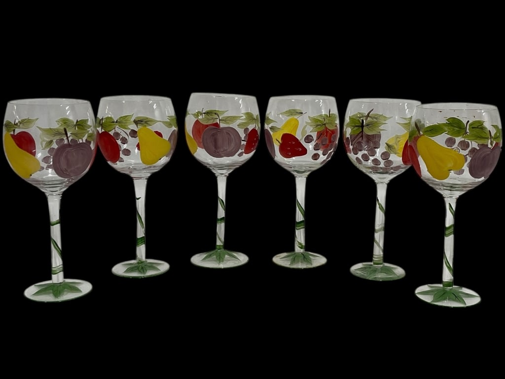 SET OF 6 HAND PAINTED FRUIT THEME WINE GOBLETS: SET OF 6 HAND PAINTED FRUIT THEME WINE GOBLETSColorful set of six hand painted wine goblets featuring a cheerful fruit motif with pears, apples, grapes, and strawberries in vivid tones of yellow, red,