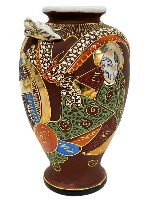 JAPANESE SATSUMA-STYLE MORIAGE VASE W DRAGON 7" (1 of 6)