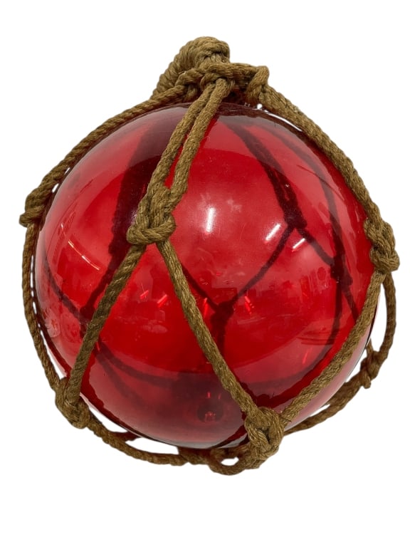 RED GLASS NAUTICAL FLOAT WITH ROPE NETTING10" (1 of 3)