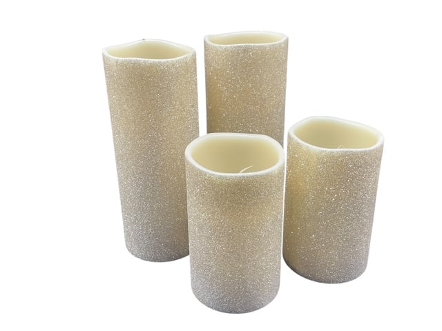 LOT OF 4 GOLD GLITTER FAUX REAL LK BATTERY CANDLES: GOLD GLITTER BATTERY GLOW CANDLES - gold for the holidays - very Christmas feel to these - lot of four two small two large - faux flame at top - in great condition and working, just needs batteries DO