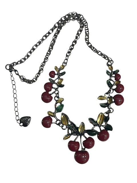 NEW OLD BETSEY JOHSON RETRO CHIC CHERRIES NECKLACE: BETSEY JOHNSON THE COOL ROCKABILLY WAY! - cute cherry collar in enameled red and green - brass tone necklace - signature tag on end - new never worn - 16" with 2" adjustment