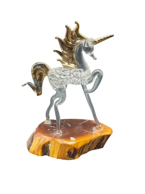 VINTAGE GOLD PAINTED UNICORN ON GLOSSED DRIFTWOOD: - VINAGE GOLD PAINTED GLASS UNICORN - sitting on a driftwoow slab for retro effect - excellent condition DOLCE AND GABBANA LACE COVERED SUNGLASS CASE - excellent condition and beautiful DG design - no
