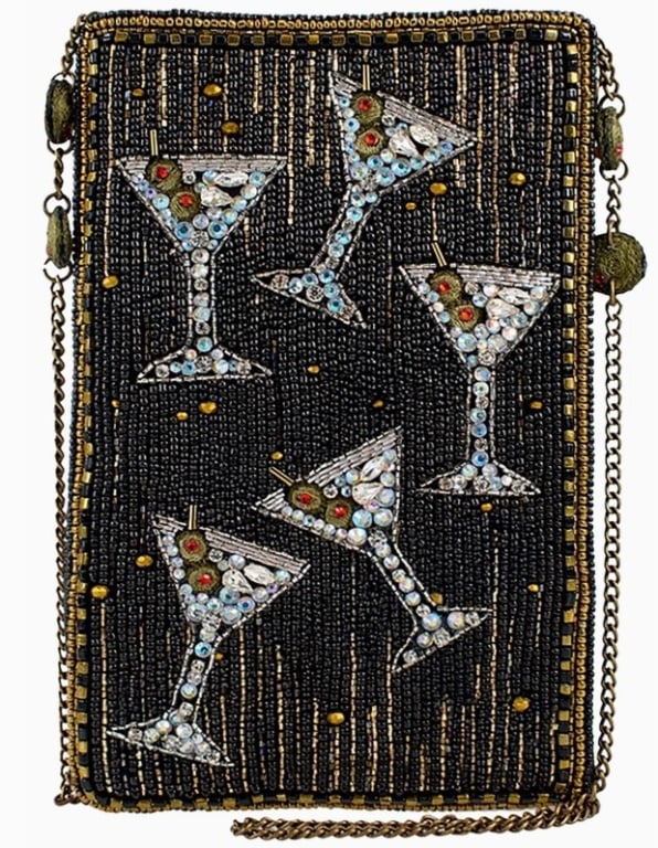MARY FRANCES SIP HAPPENS CROSSBODY HANDBAG: Elevate your look with the Mary Frances Sip Happens Martini Cross Body Handbag, featuring sparkling beaded martini glasses and elegant golden accents. Perfect for happy hour or a night out with friend