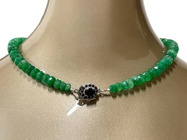 GREEN QUARTZ & BLACK STONE W STERLING NECKLACE